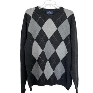 Allen Solly Black Gray Argyle 100% 2-Ply Cashmere Crewneck Pullover Sweater XL